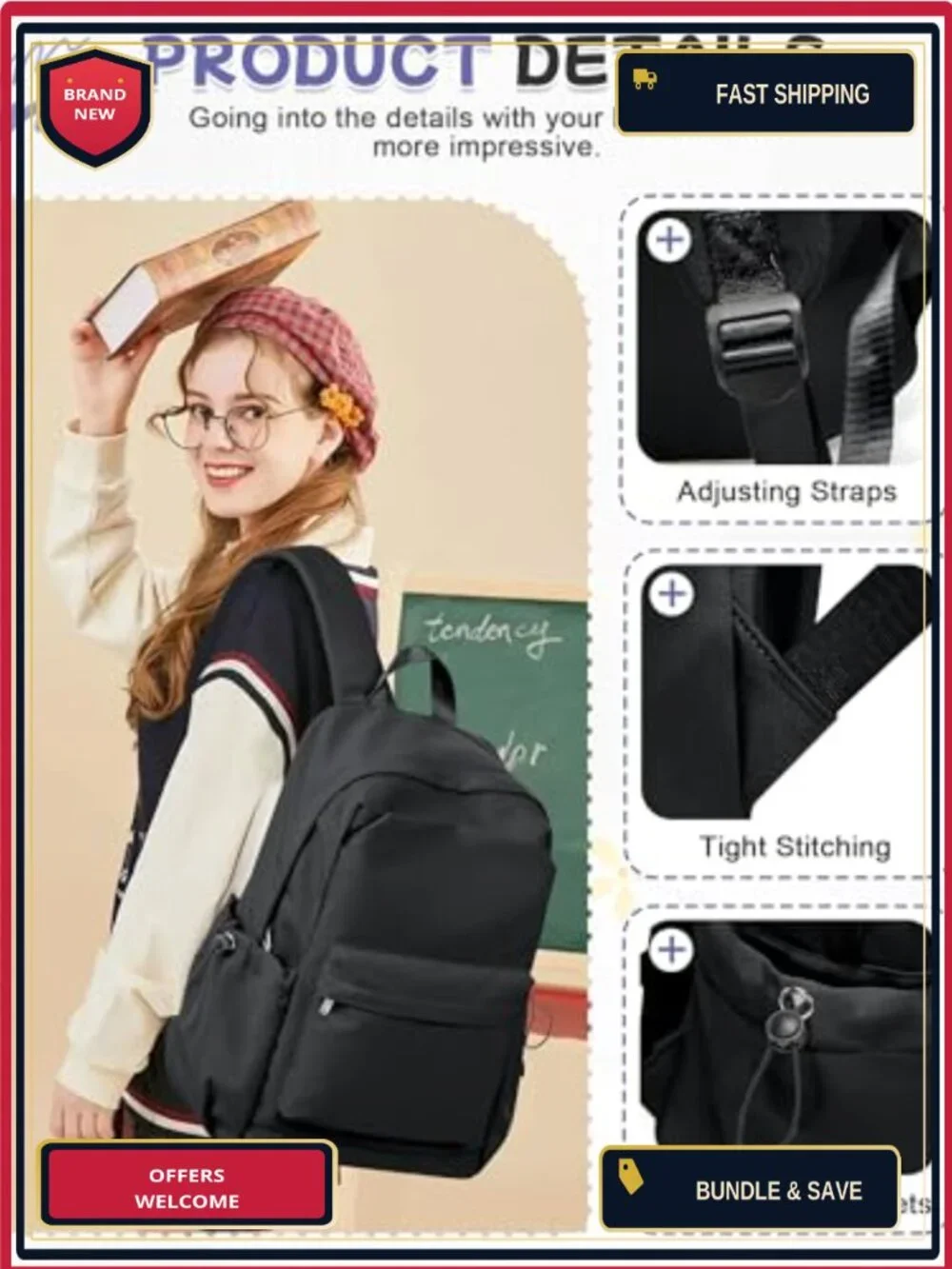 Water-Resistant Nylon Backpack with Laptop Compartment for School Travel